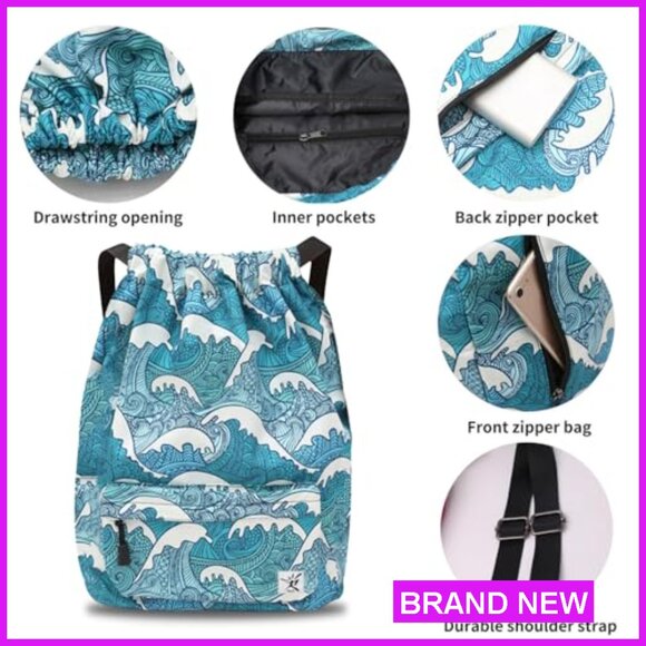 Waterproof Drawstring Backpack Gym Sports Beach Travel Daypack Unisex Adjustable - Picture 2 of 6